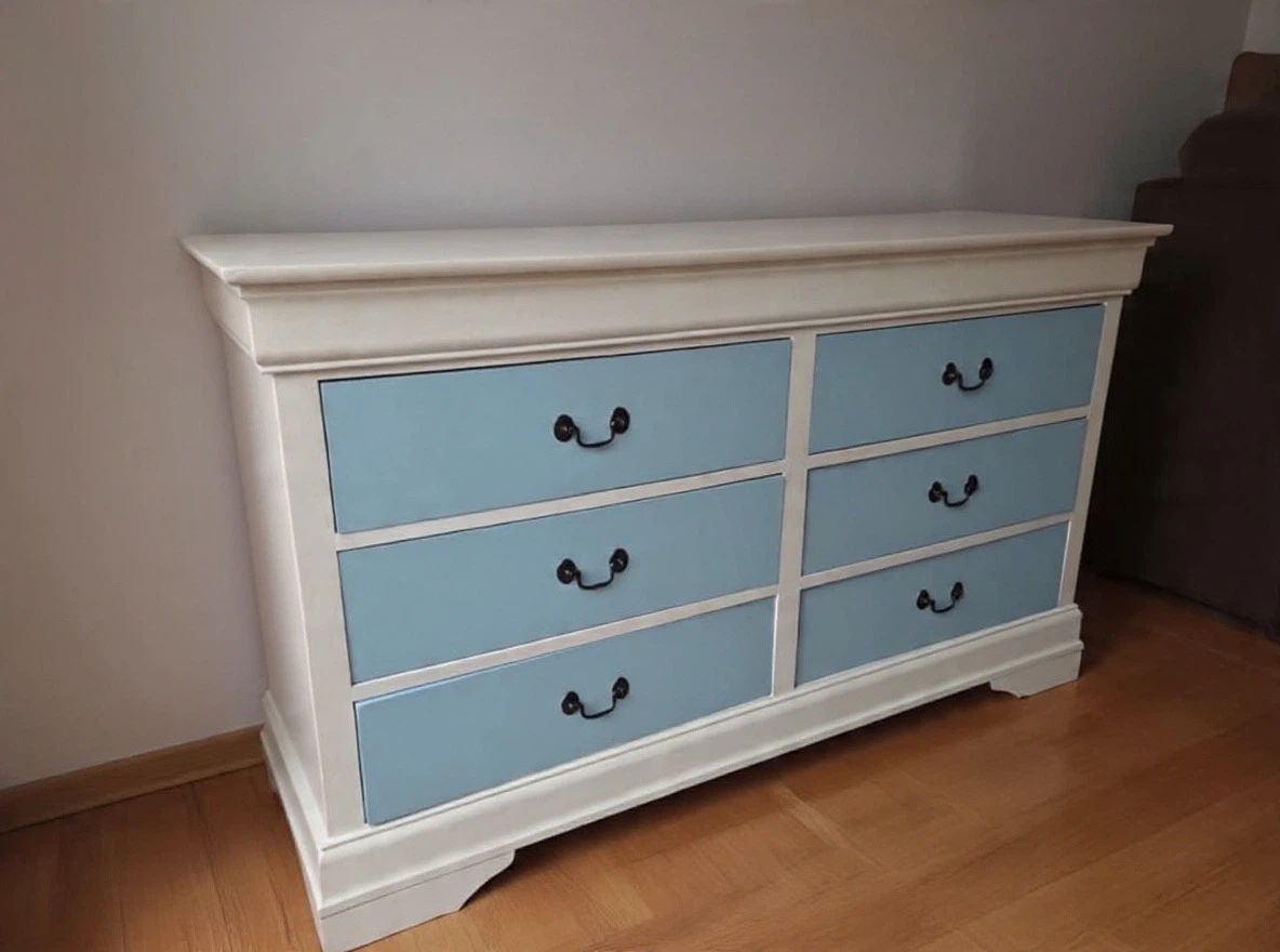 Six-drawer dresser with blue drawers