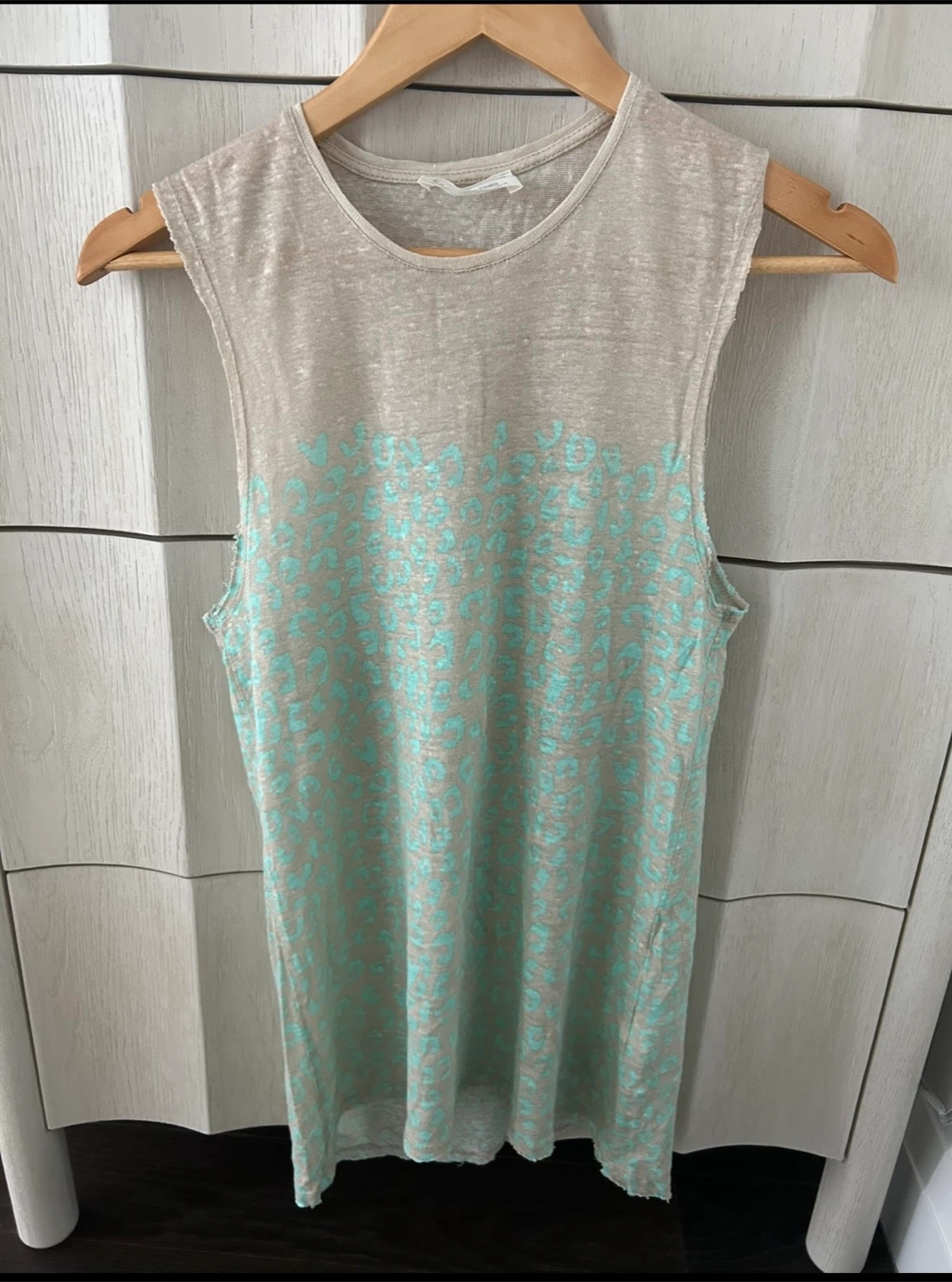 Zara MADE IN PORTUGAL 100% LINEN Beige Tank Mint Leopard Print