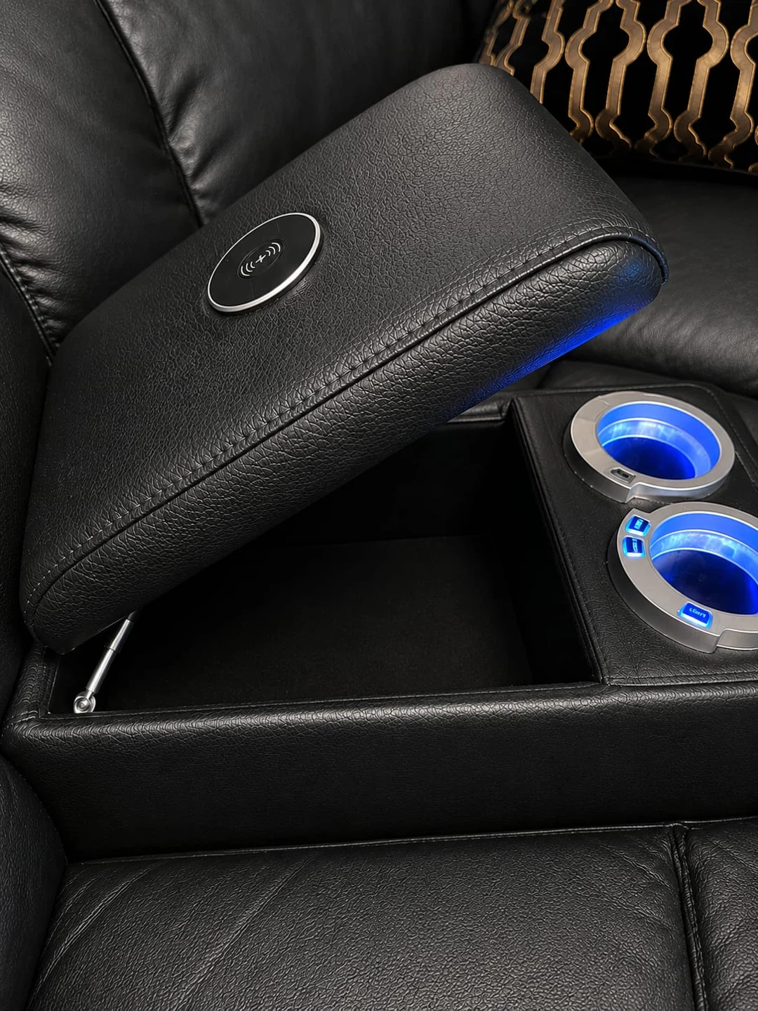 Black Leather L-Shaped Reclining Sectional Sofa with Cup Holders