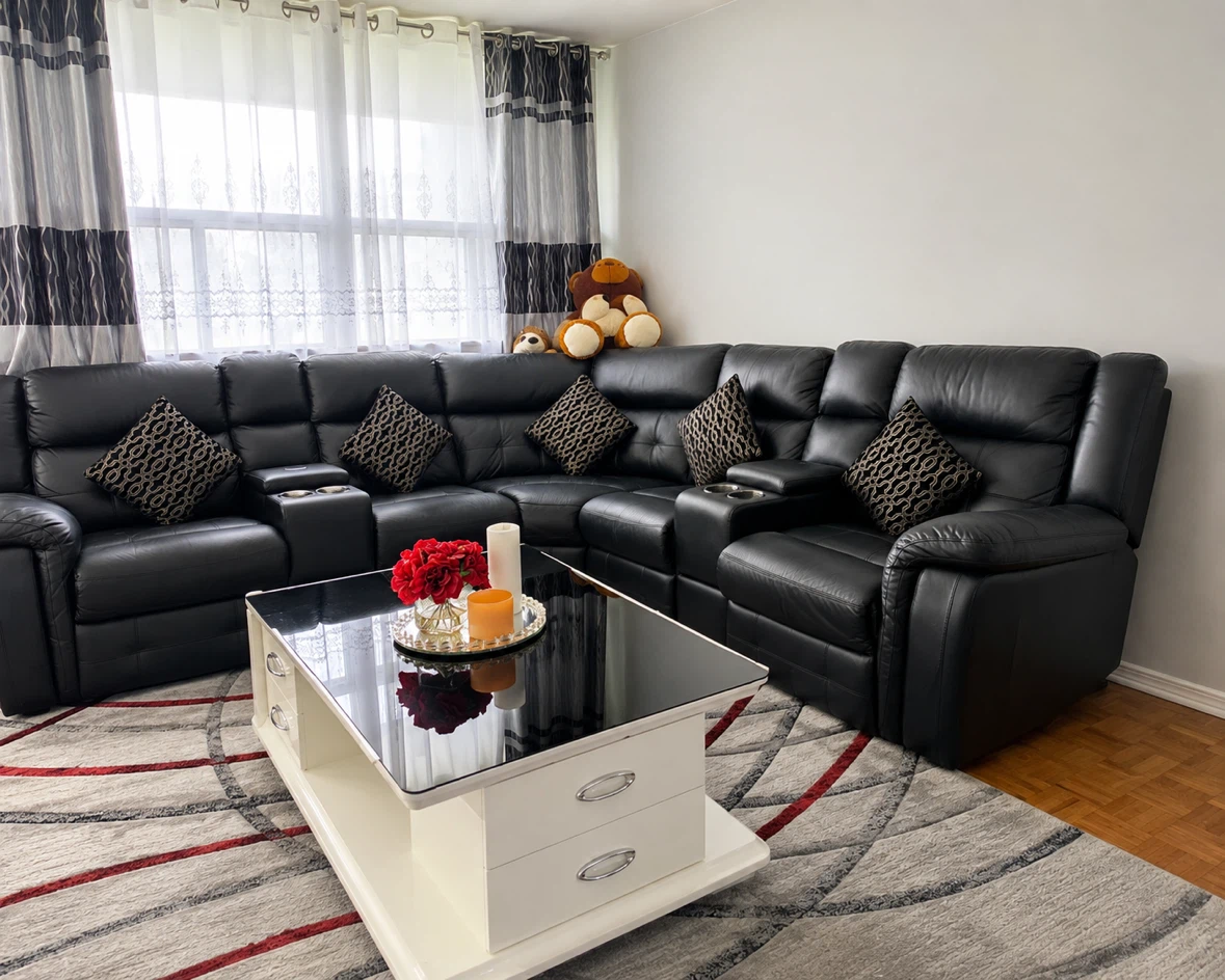 Black Leather L-Shaped Reclining Sectional Sofa with Cup Holders - photo 2
