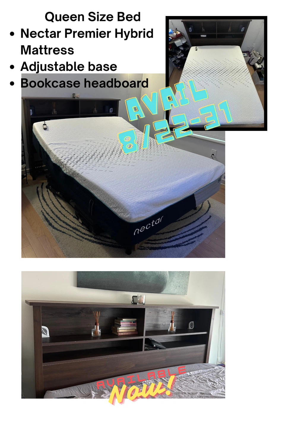Queen mattress, base, and headboard