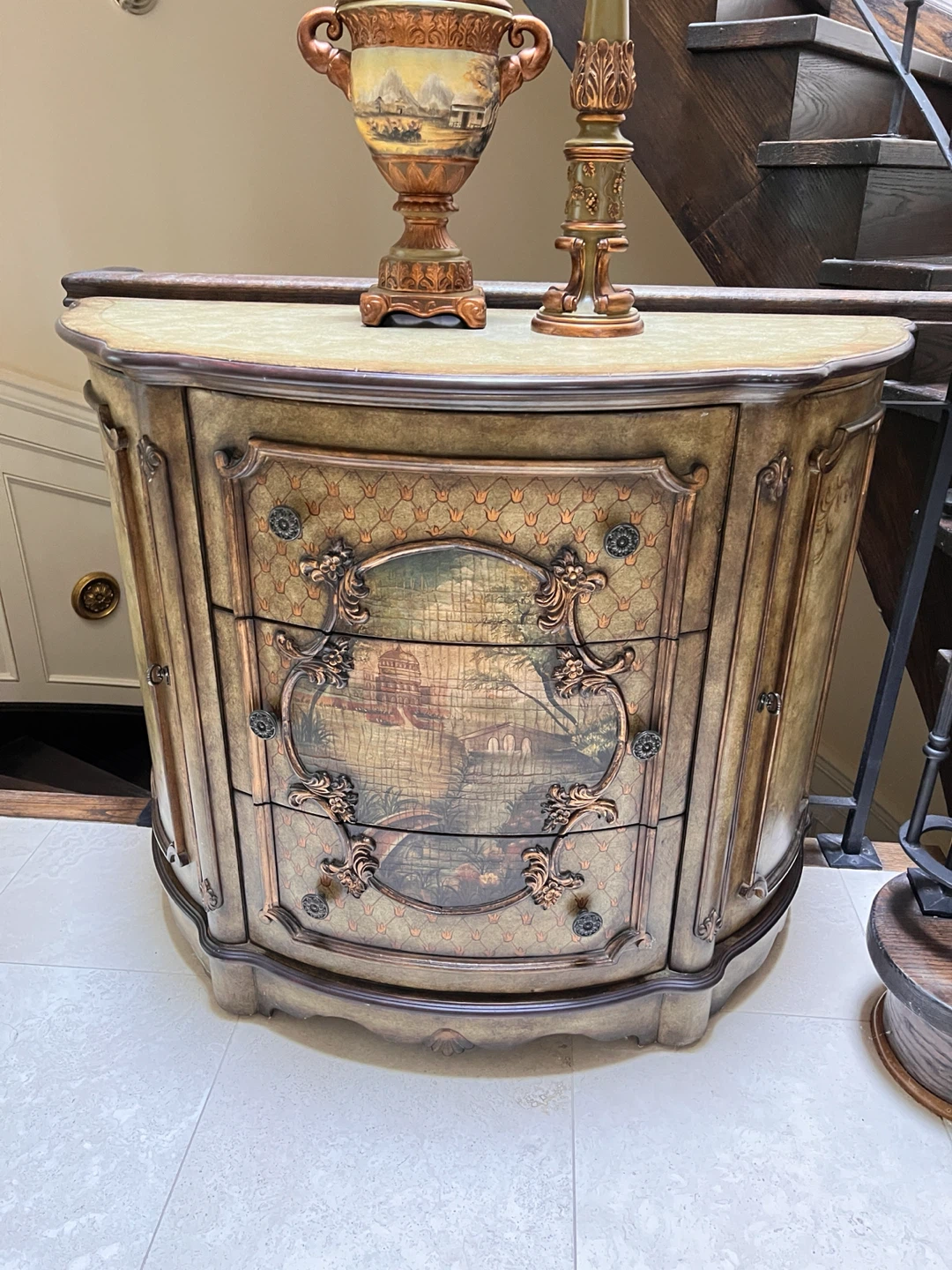 Curved Accent Cabinet with Decorative Painting