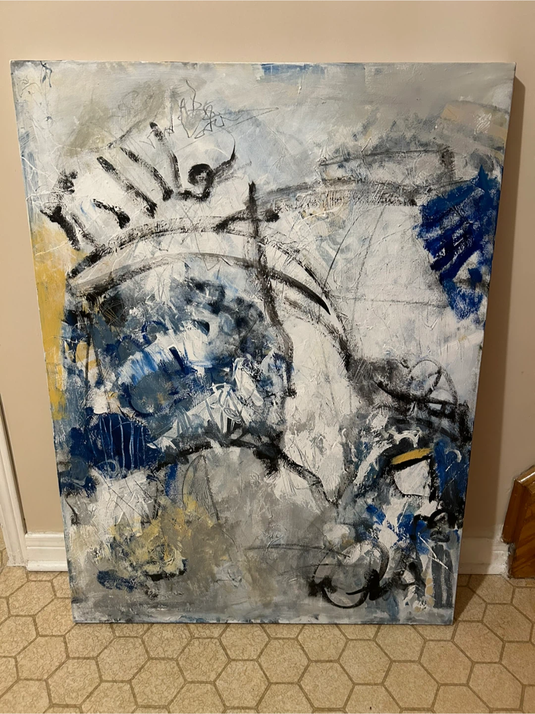Abstract oil on canvas wall art in blue and grey