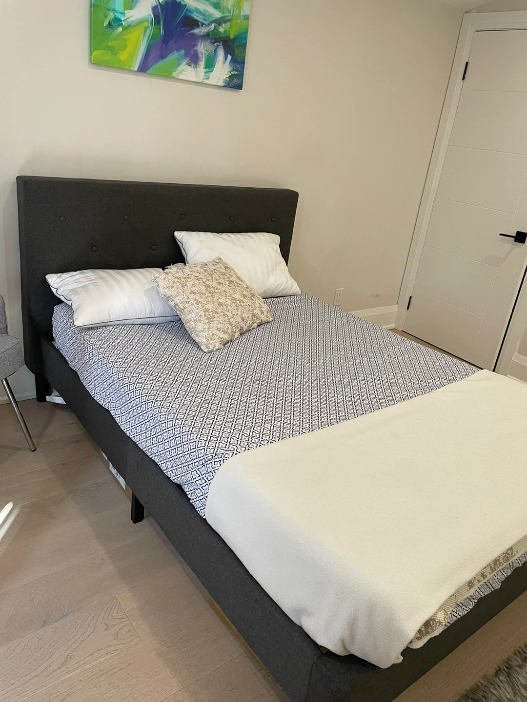 Dark grey tufted upholstered double bed frame + Mattress