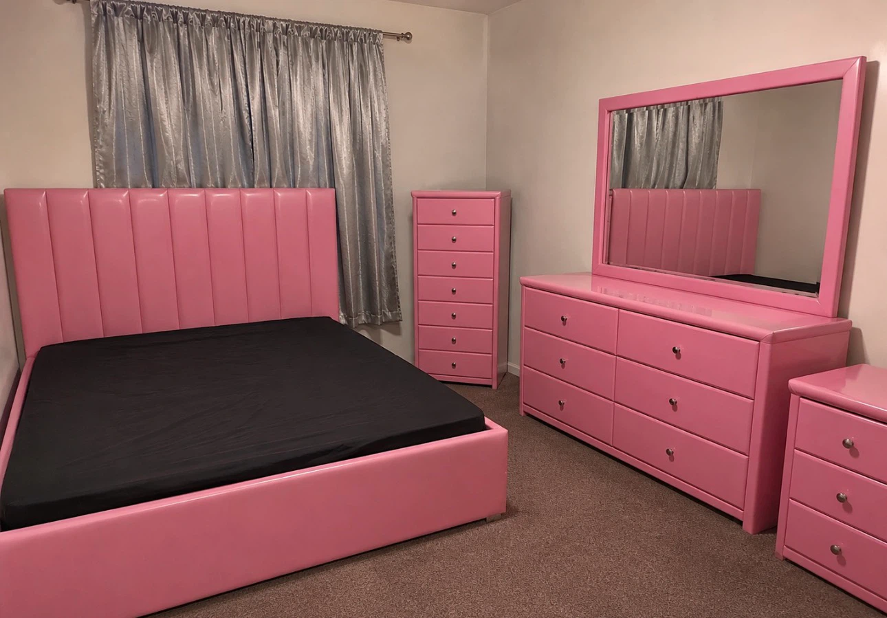Pink Upholstered Bedroom Set - Bed, Dresser, and Chest
