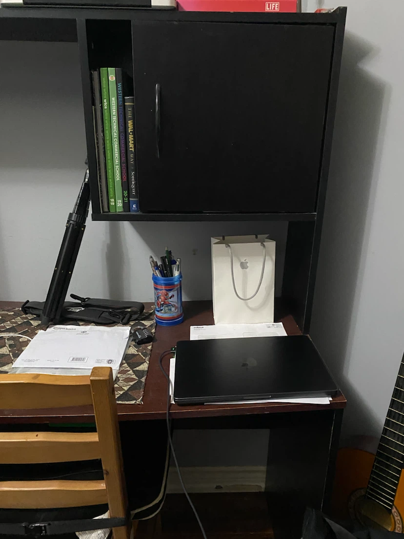 Black and cherry wood finish desk with hutch