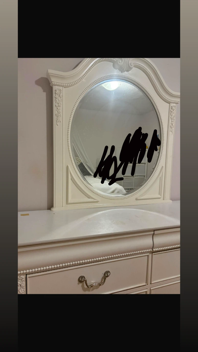 White ornate dresser with mirror and nightstand