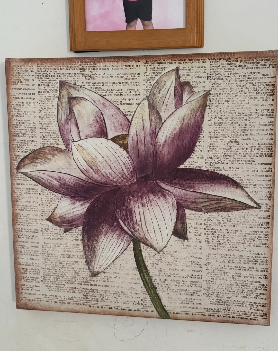 Lotus flower wall art with newspaper print background