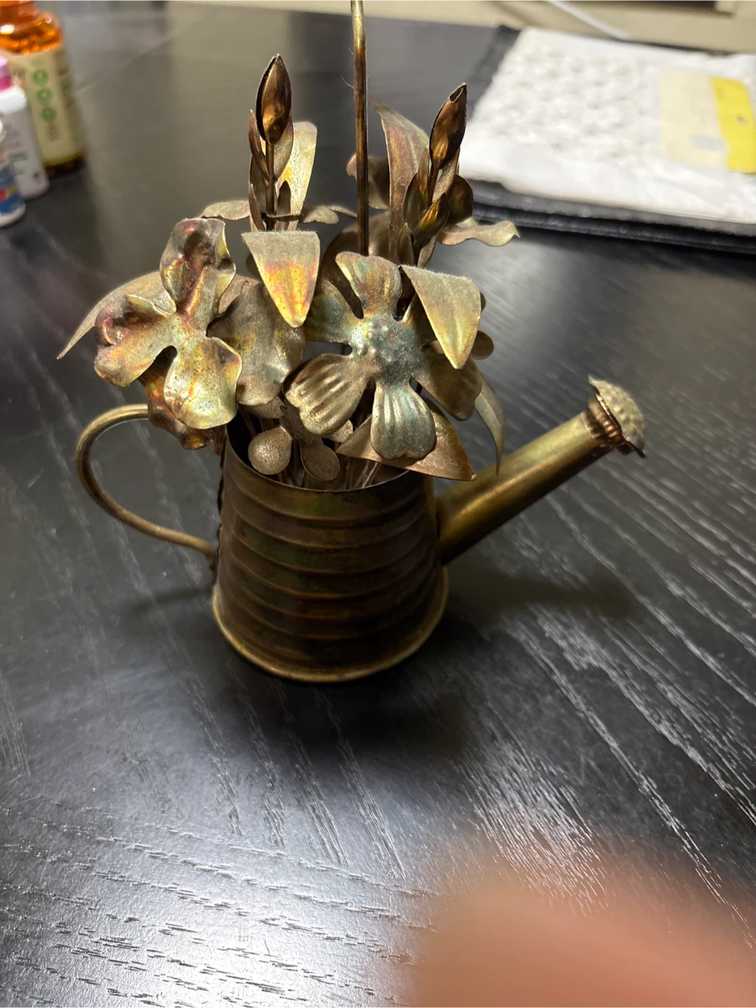 Vintage Miniature Watering Can with Metal Flowers