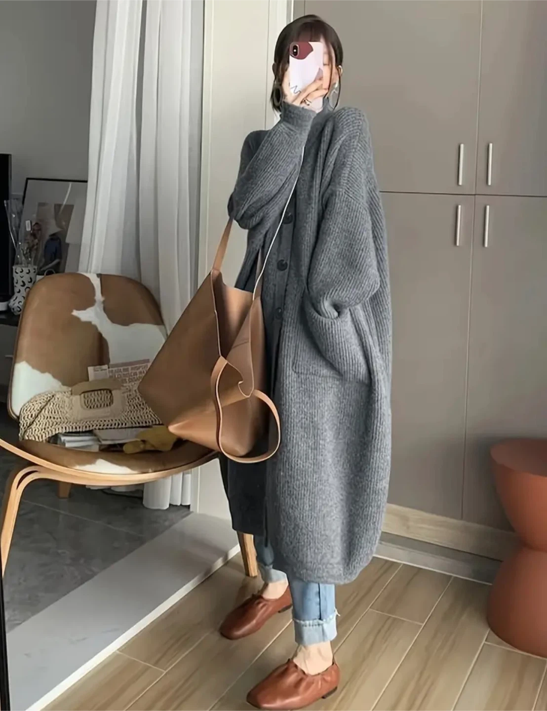 Long grey button up knit cardigan