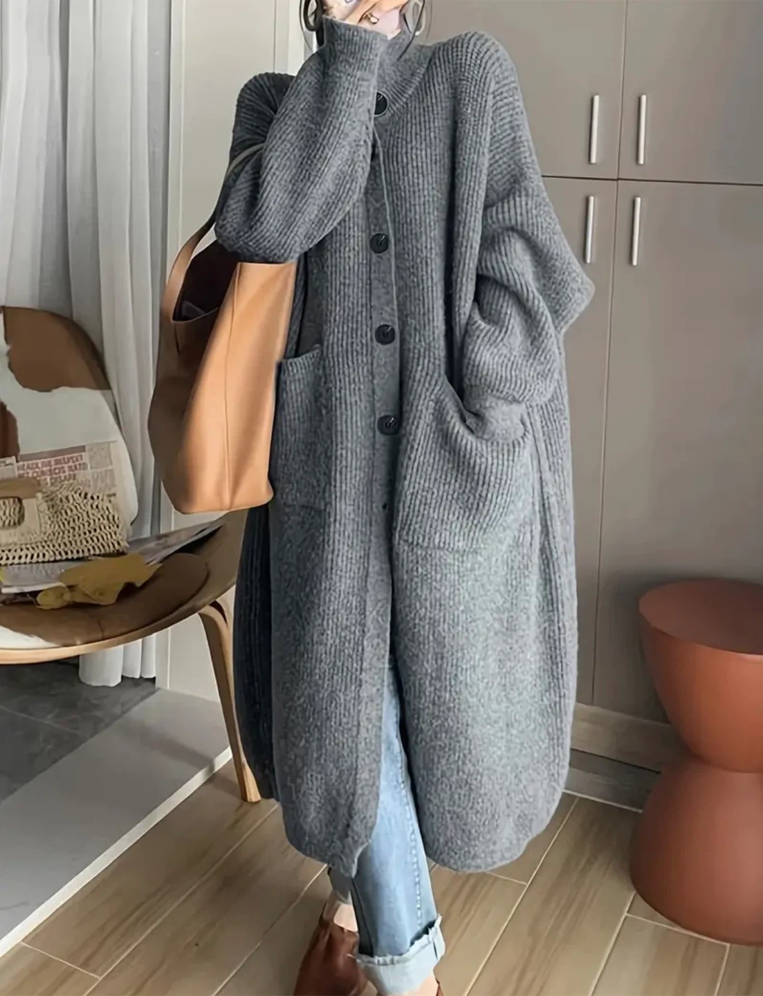 Long grey button up knit cardigan - photo 3