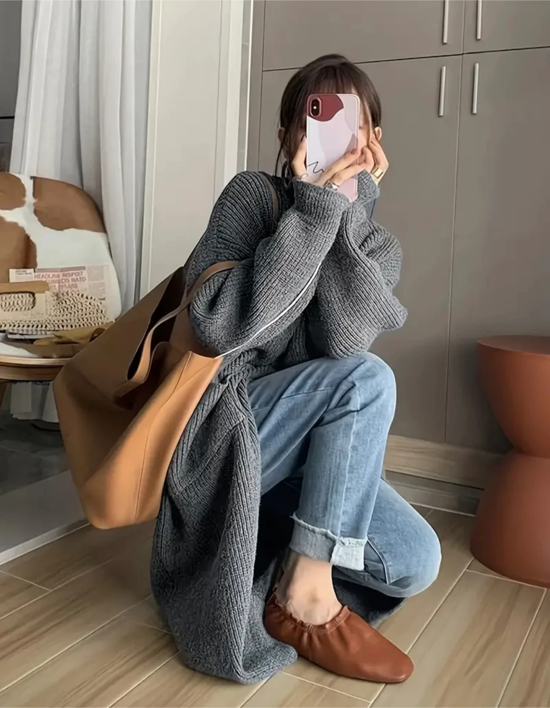 Long grey button up knit cardigan - photo 4