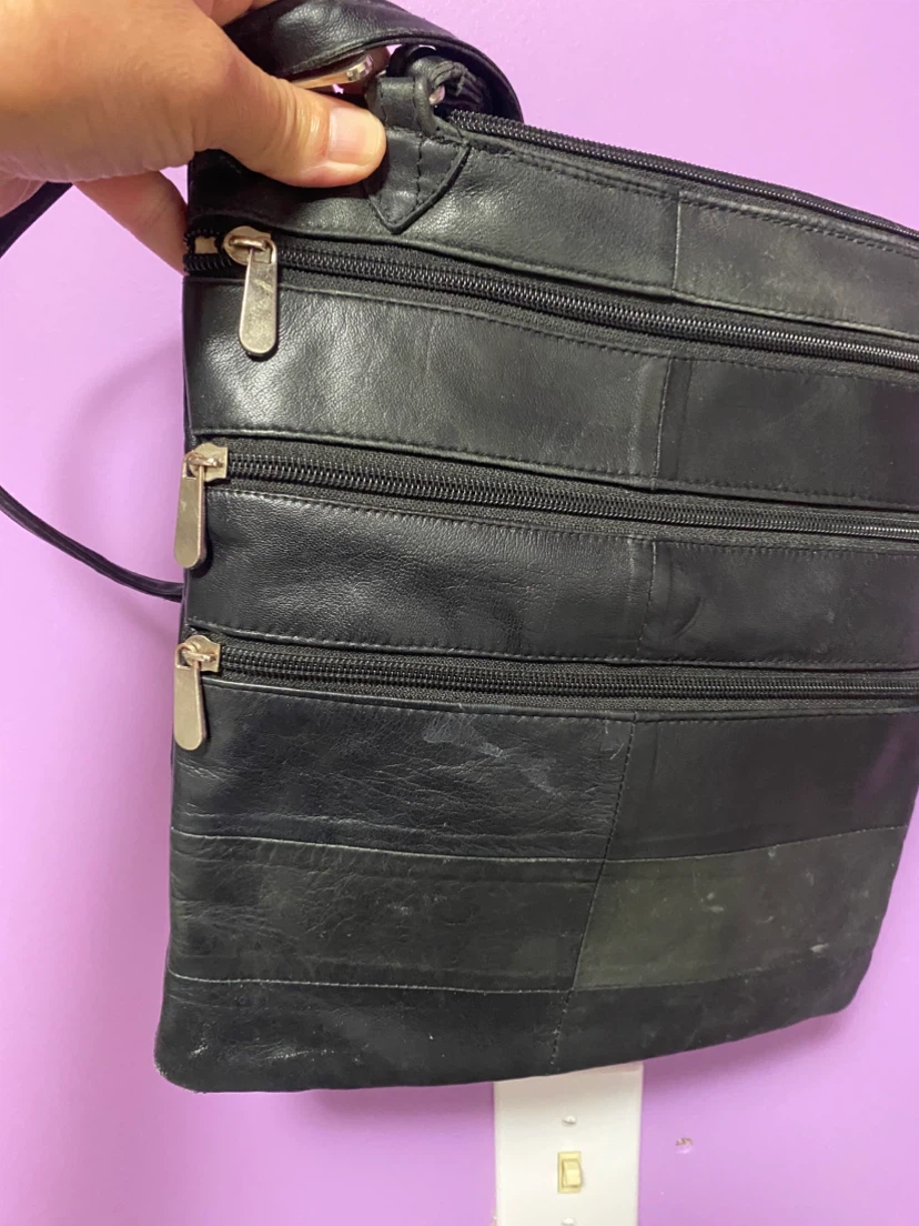 Black Multi-Zipper Leather Crossbody Bag