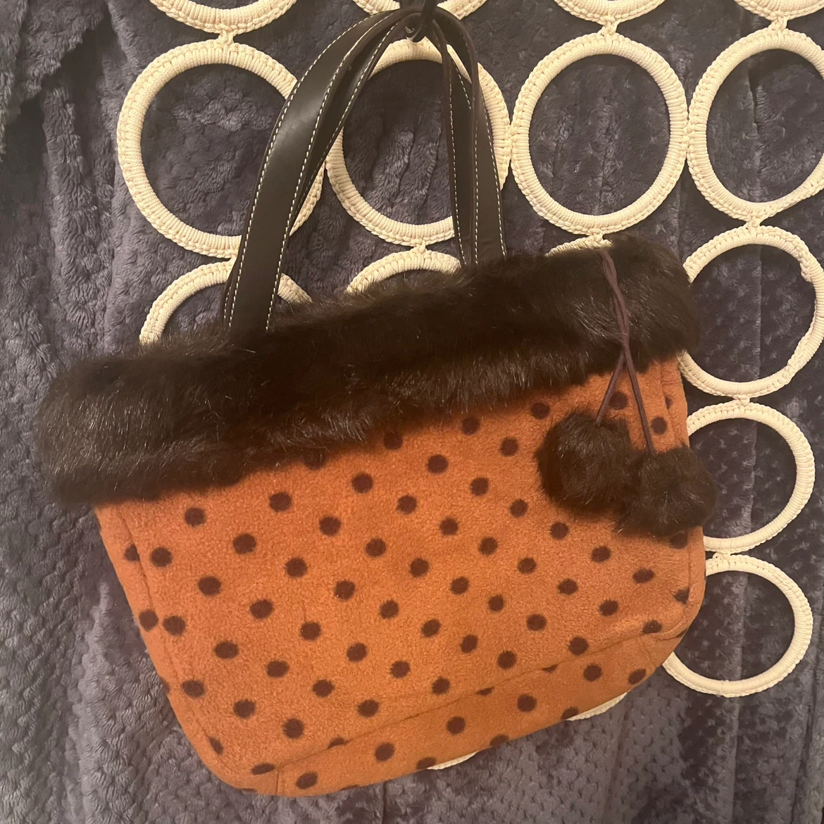 Polka Dot Tote Bag with Faux Fur Trim