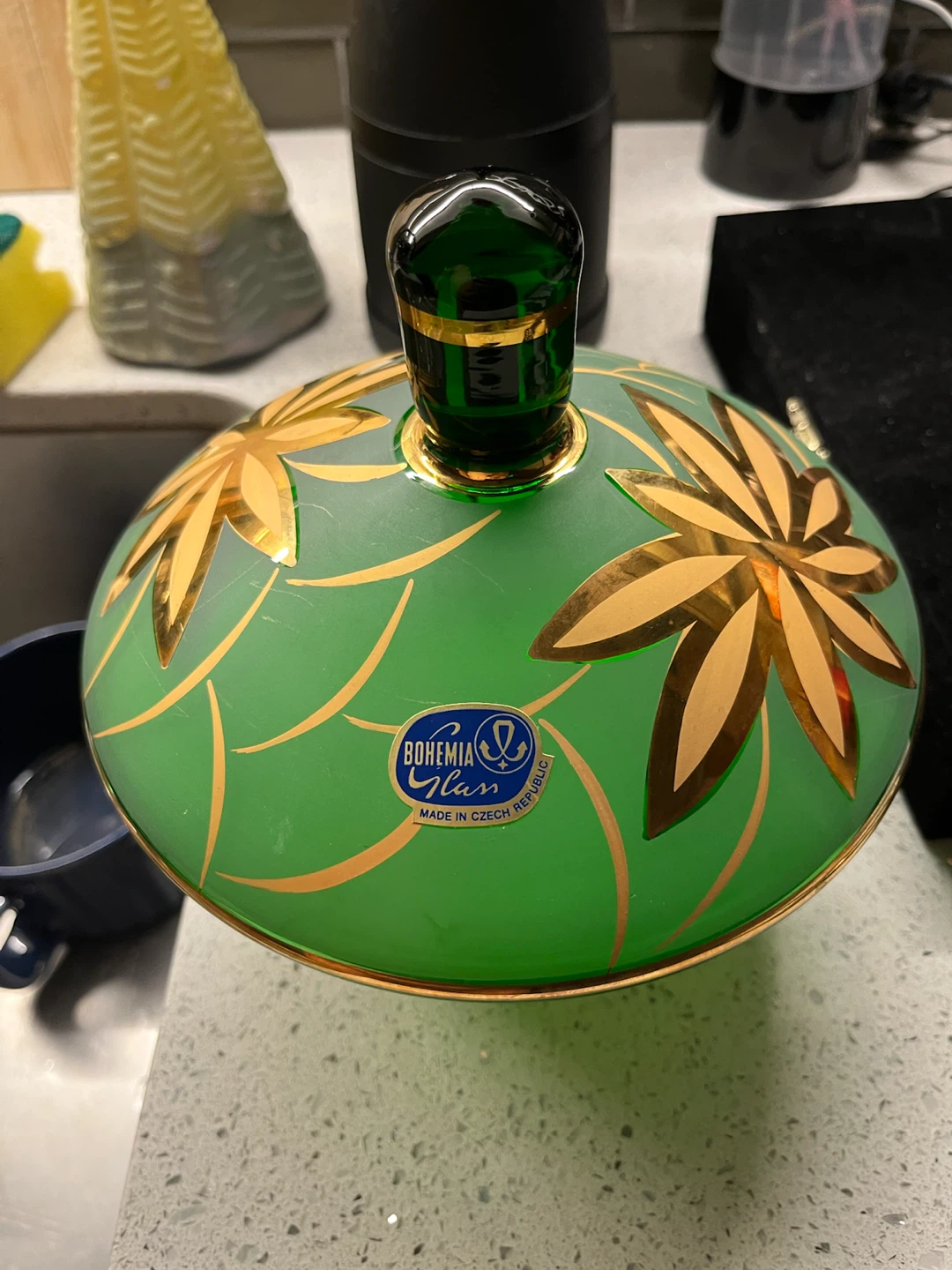 Bohemia Glass Green and Gold Decorative Lidded Bowl