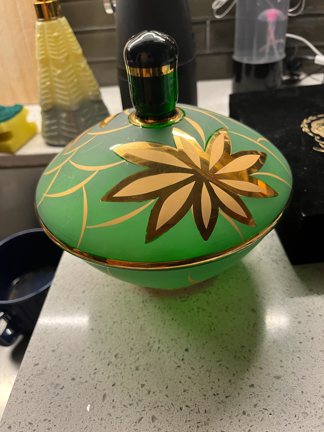 Bohemia Glass Green and Gold Decorative Lidded Bowl - photo 2