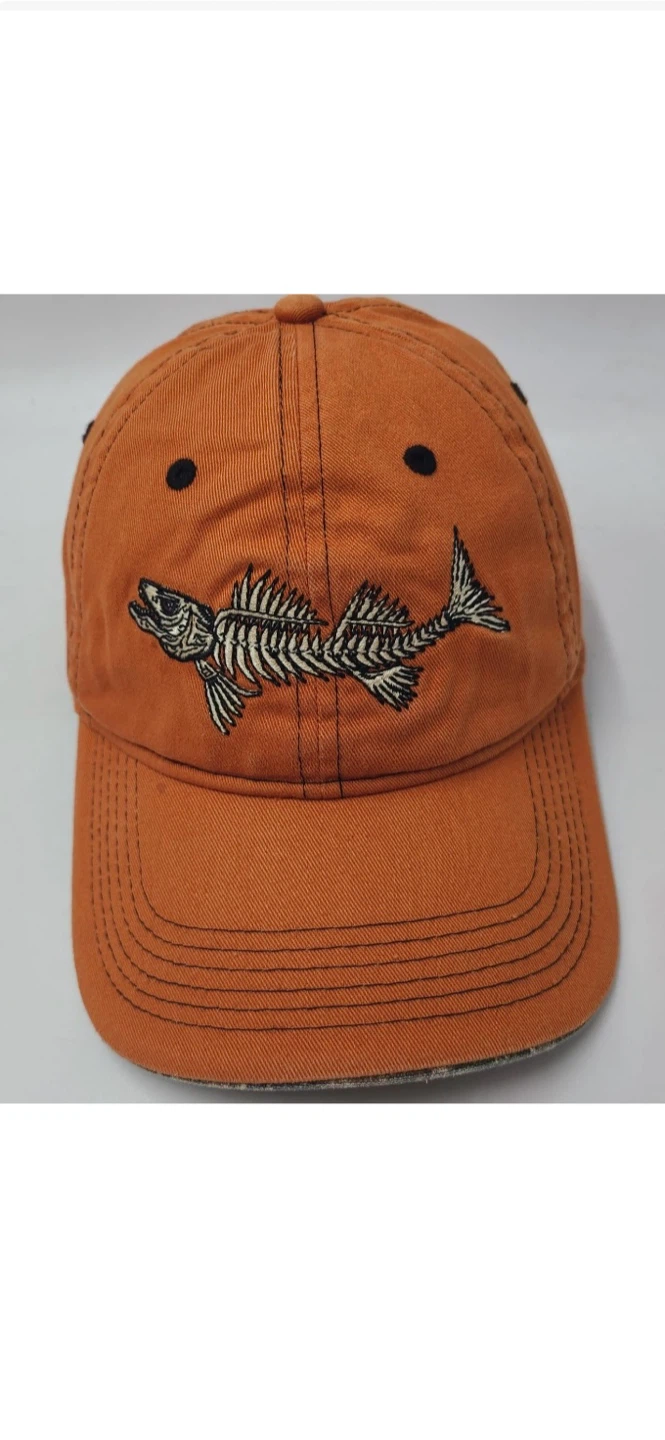 Orange Baseball Cap with Fish Skeleton Embroidery