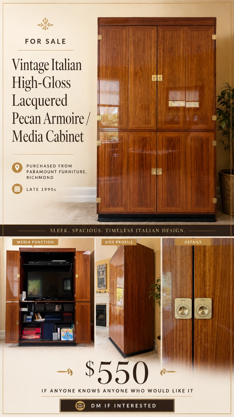 Vintage Italian High Gloss Pecan Armoire