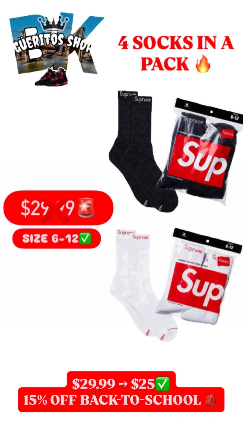 Supreme 4-Pack Cushion Crew Socks Size 6-12