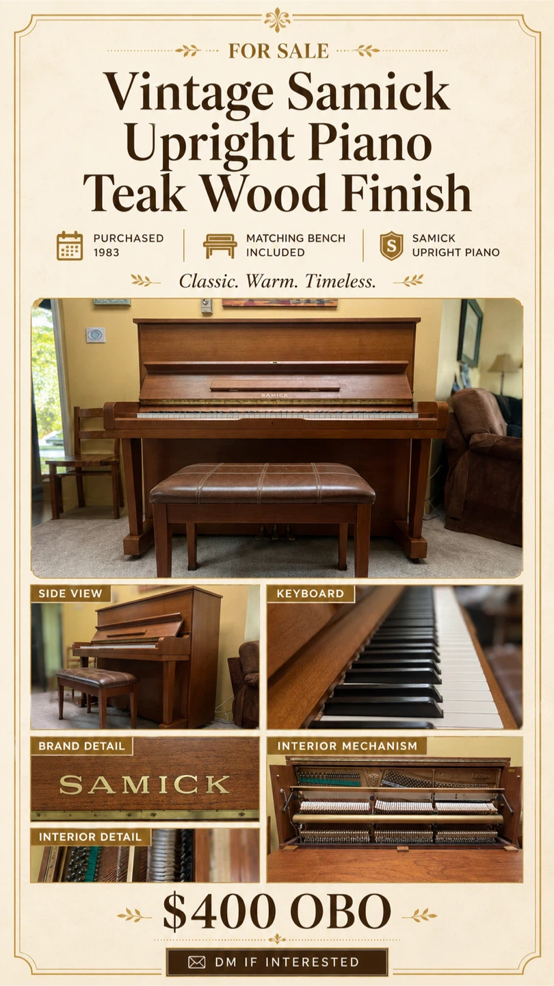 Vintage Samick Upright Piano Teak Wood Finish