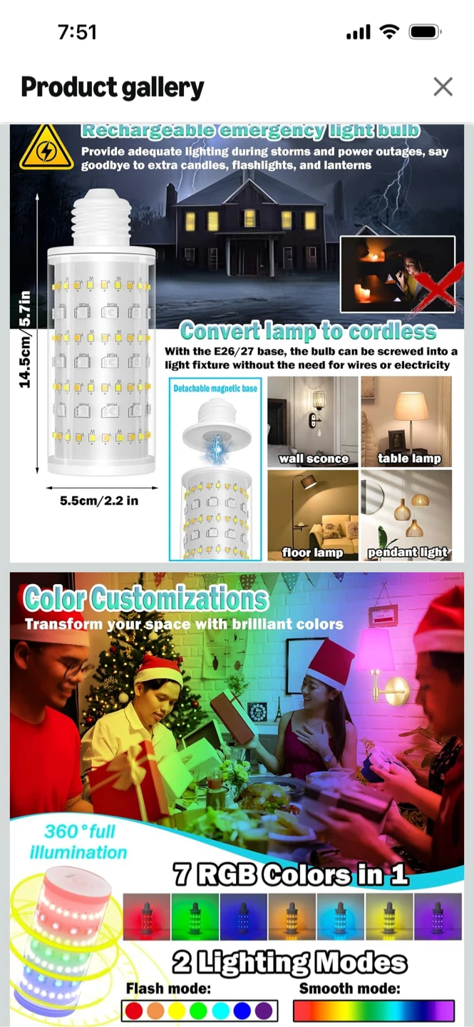 New-2Pack Rechargeable RGB Emergency LED Bulb