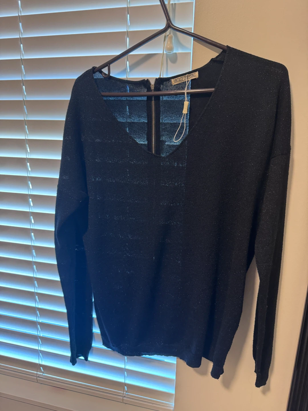 Black Sparkly V-Neck Sweater with Zipper Back