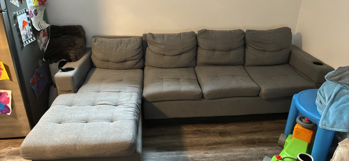 Grey Sectional Sofa with Chaise and Cup Holders