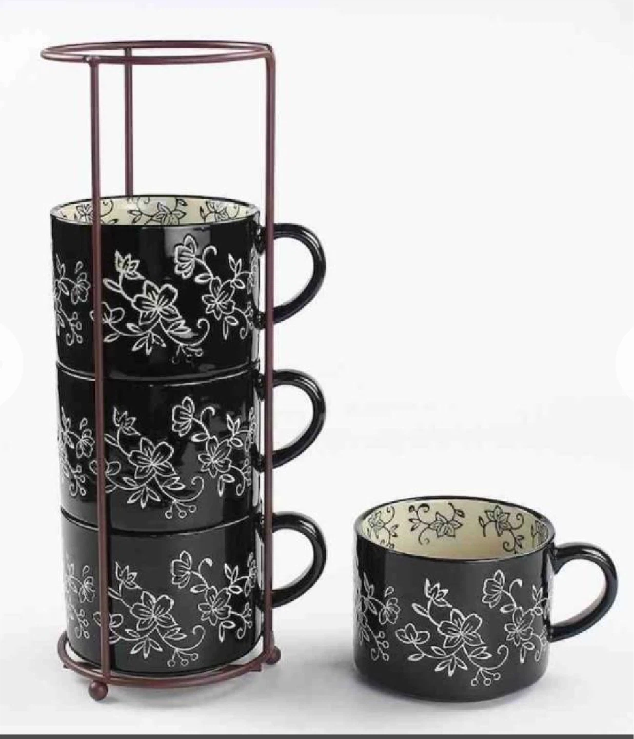 Set of 4 stacking floral mugs with metal stand