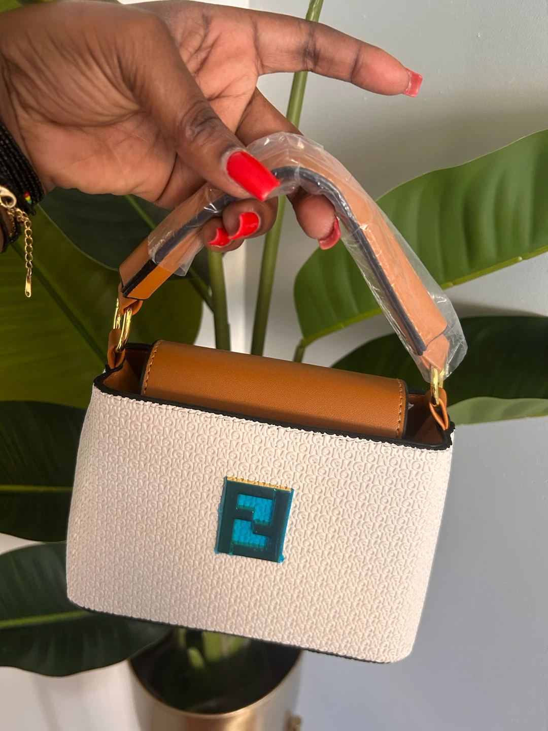 White Textured Mini Handbag with Brown Trim