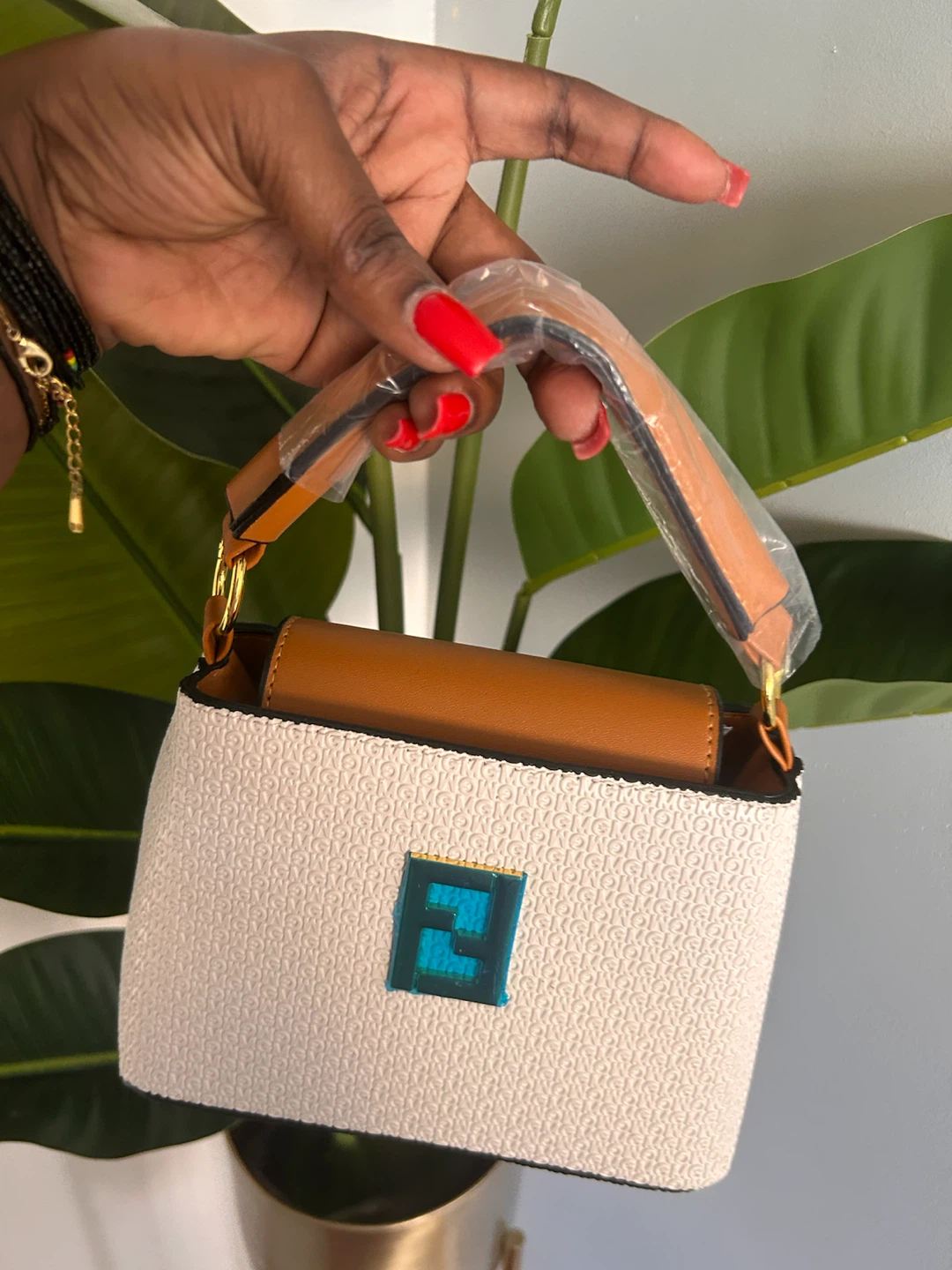 White Textured Mini Handbag with Brown Trim - photo 2