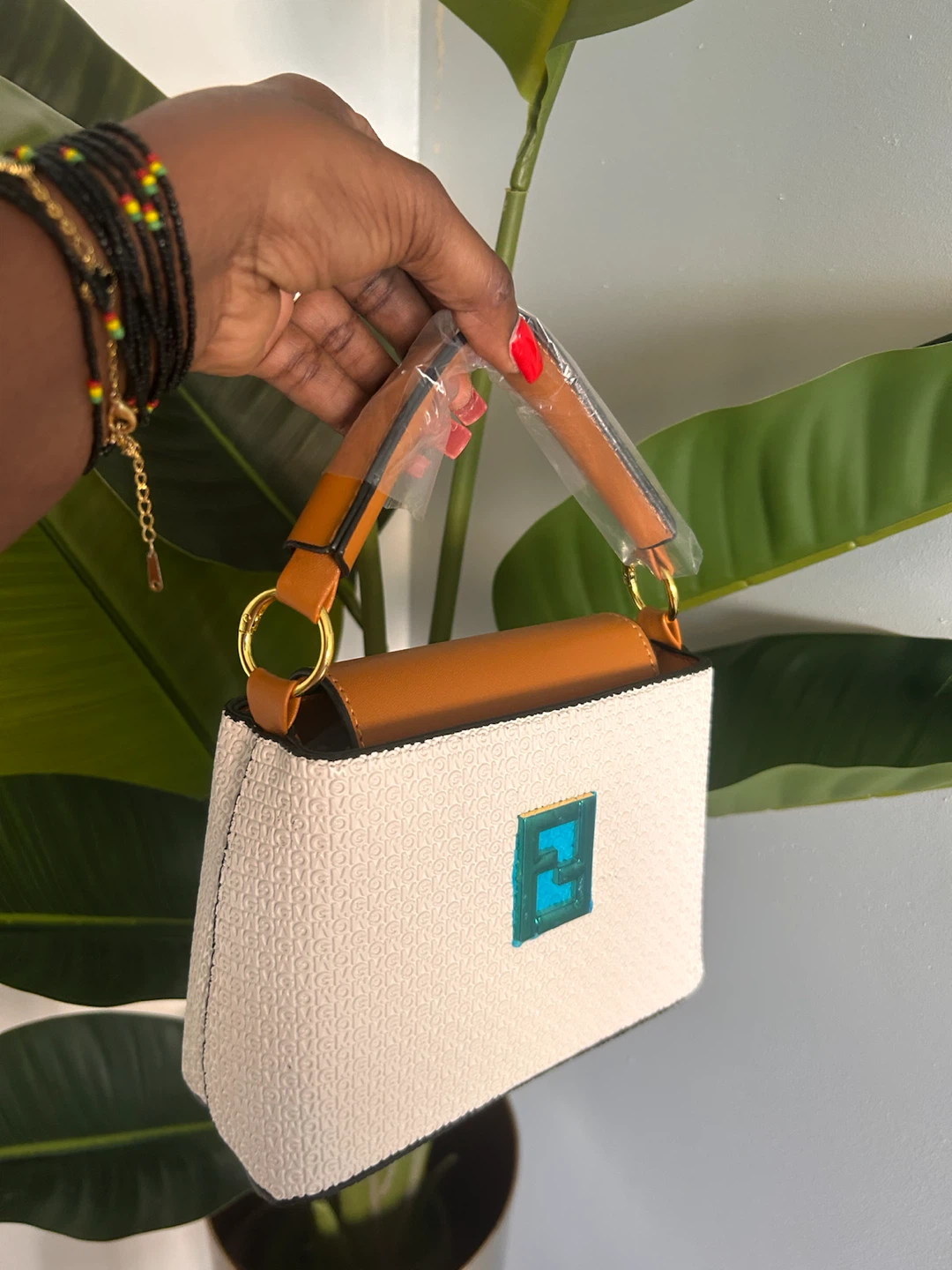 White Textured Mini Handbag with Brown Trim - photo 3