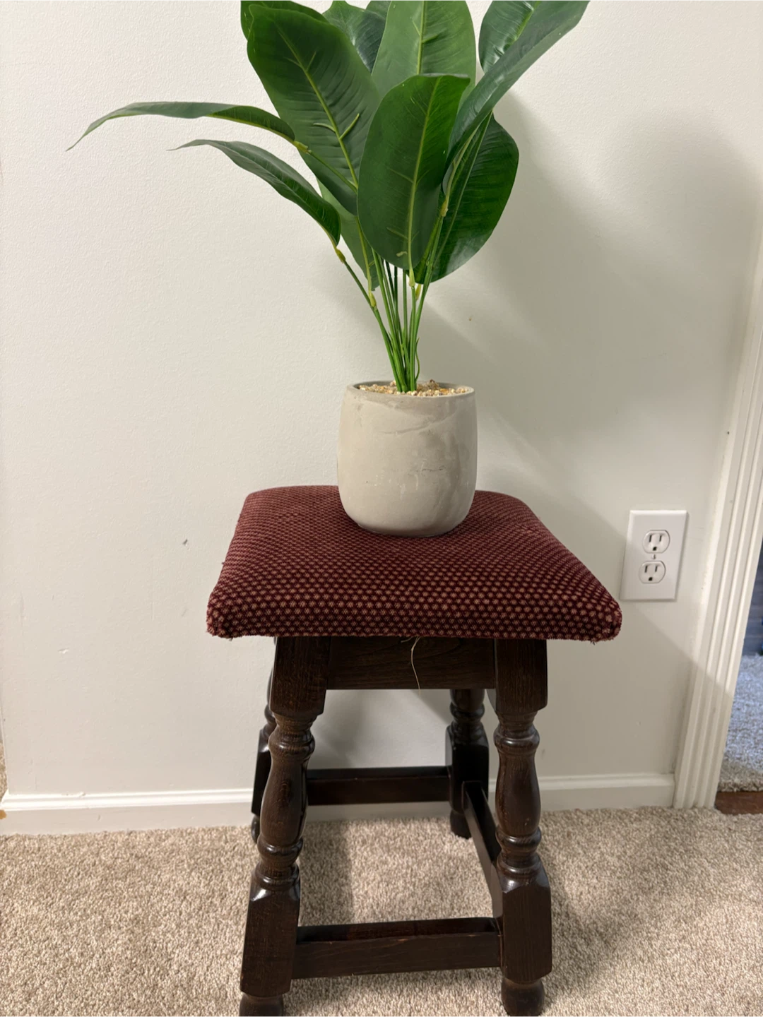 Wooden Stool with Red Upholstered Seat