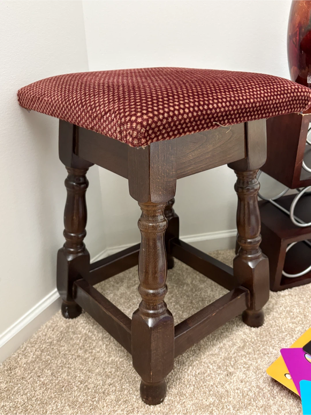 Wooden Stool with Red Upholstered Seat - photo 2