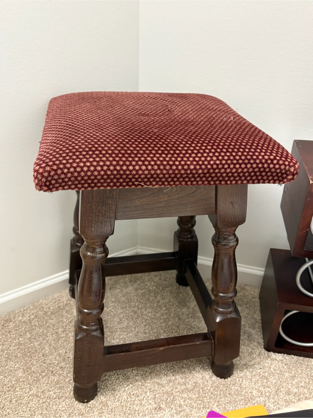 Wooden Stool with Red Upholstered Seat - photo 4
