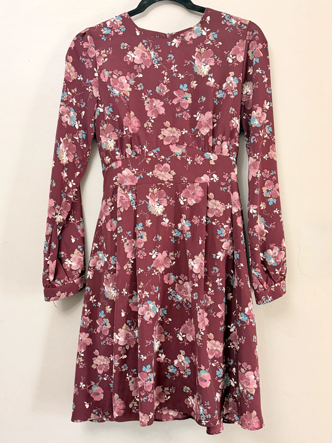 Girl.Is Floral Long Sleeve A-Line Dress Burgundy Pink Small