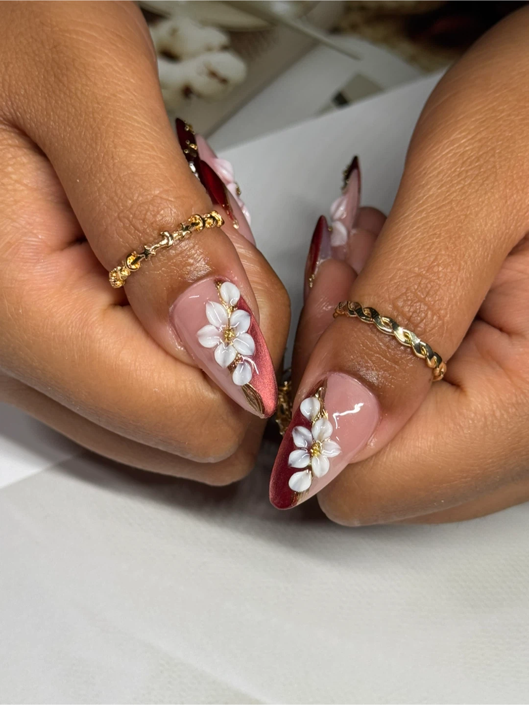 Custom Gel Nails with 3D Flowers and Gold Accents