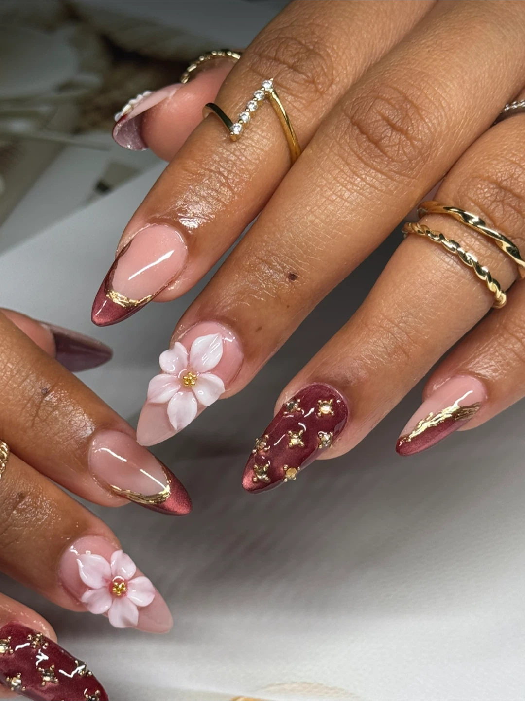 Custom Gel Nails with 3D Flowers and Gold Accents - photo 2