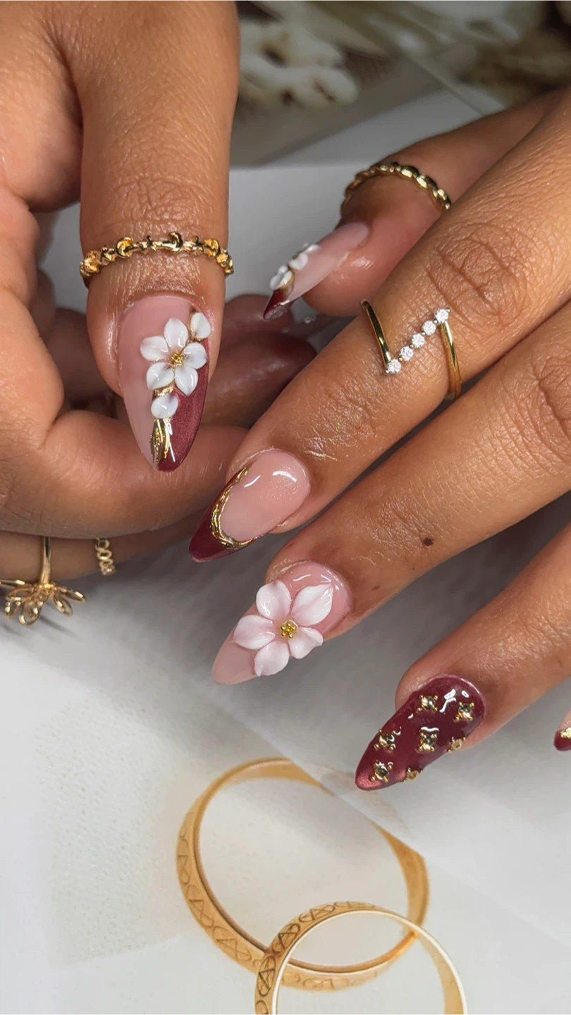 Custom Gel Nails with 3D Flowers and Gold Accents - photo 3