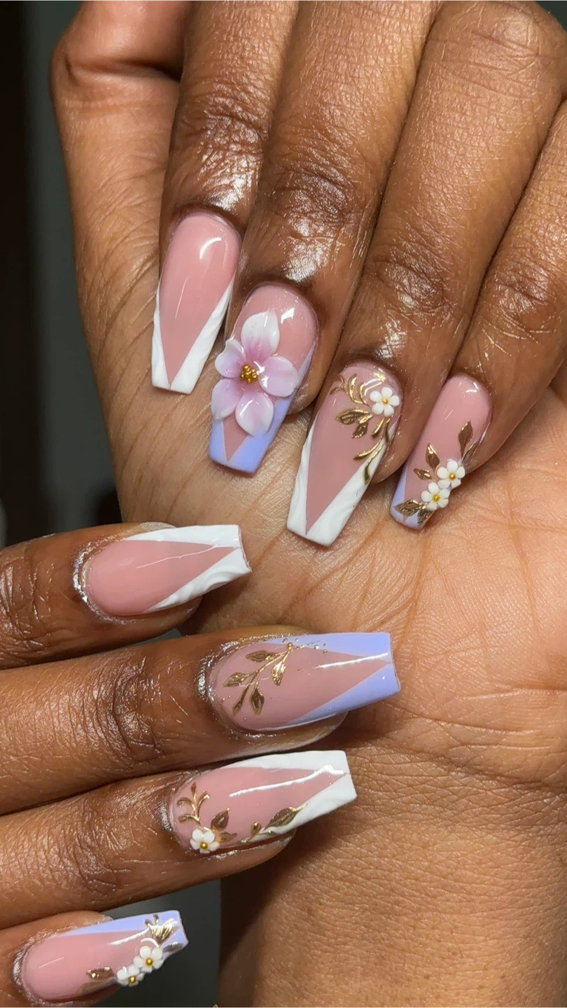 Coffin Press-On Nails with 3D Flower and Gold Accents