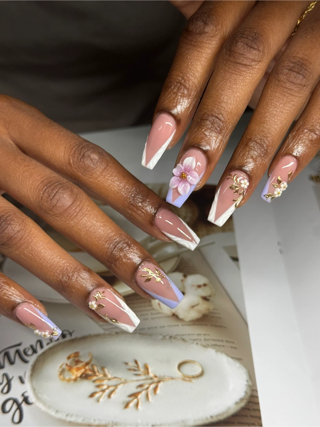Coffin Press-On Nails with 3D Flower and Gold Accents - photo 2