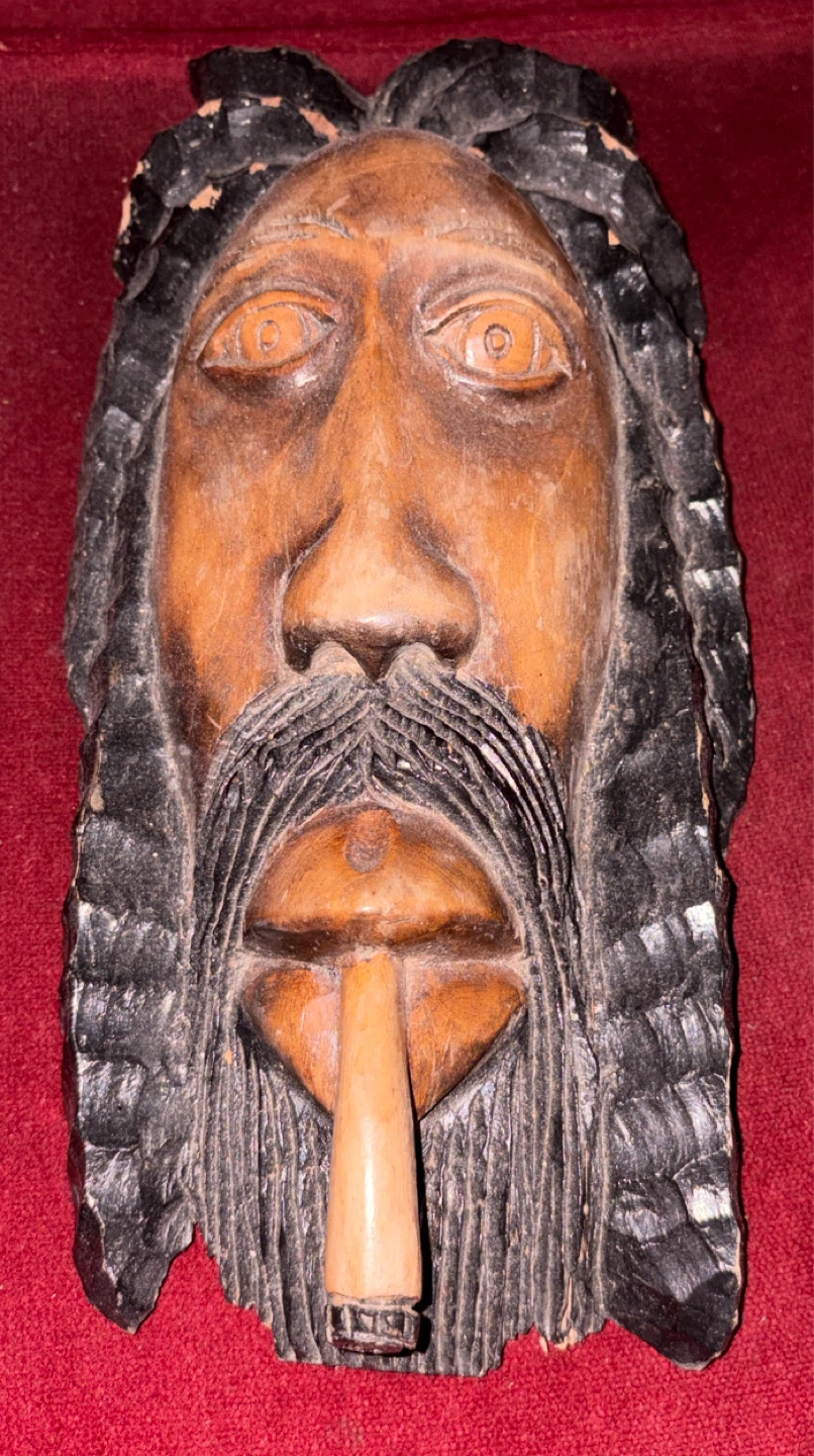 Carved Wooden Face Mask with Pipe