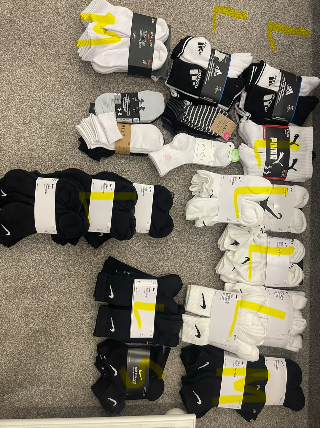 Assorted Socks: Nike, Adidas, Puma, Under Armour