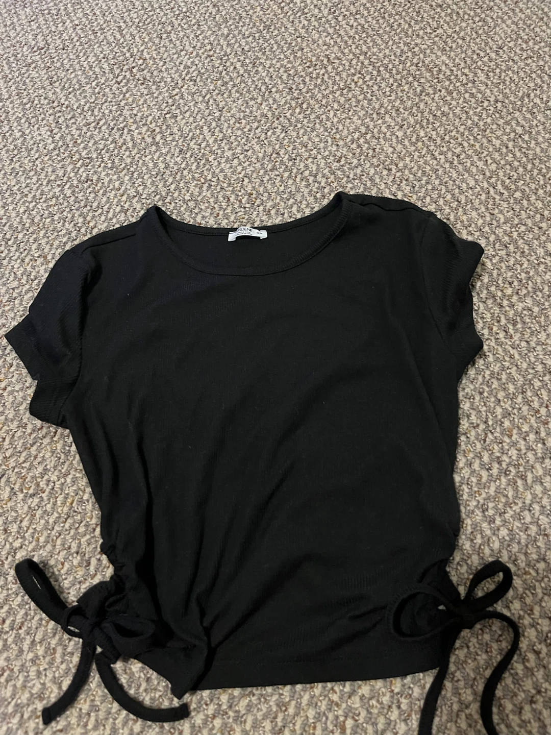Black Ribbed Ruched Drawstring Cropped Top