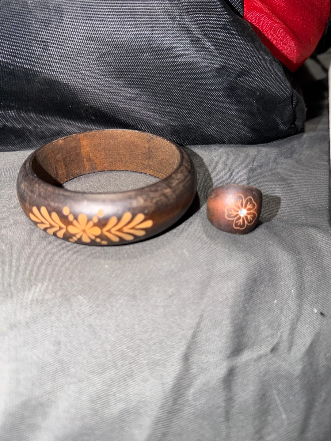 Wooden Bangle and Ring Set with Floral Design