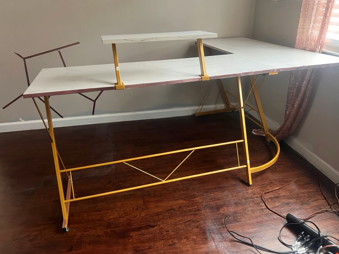L-shaped computer desk with monitor stand