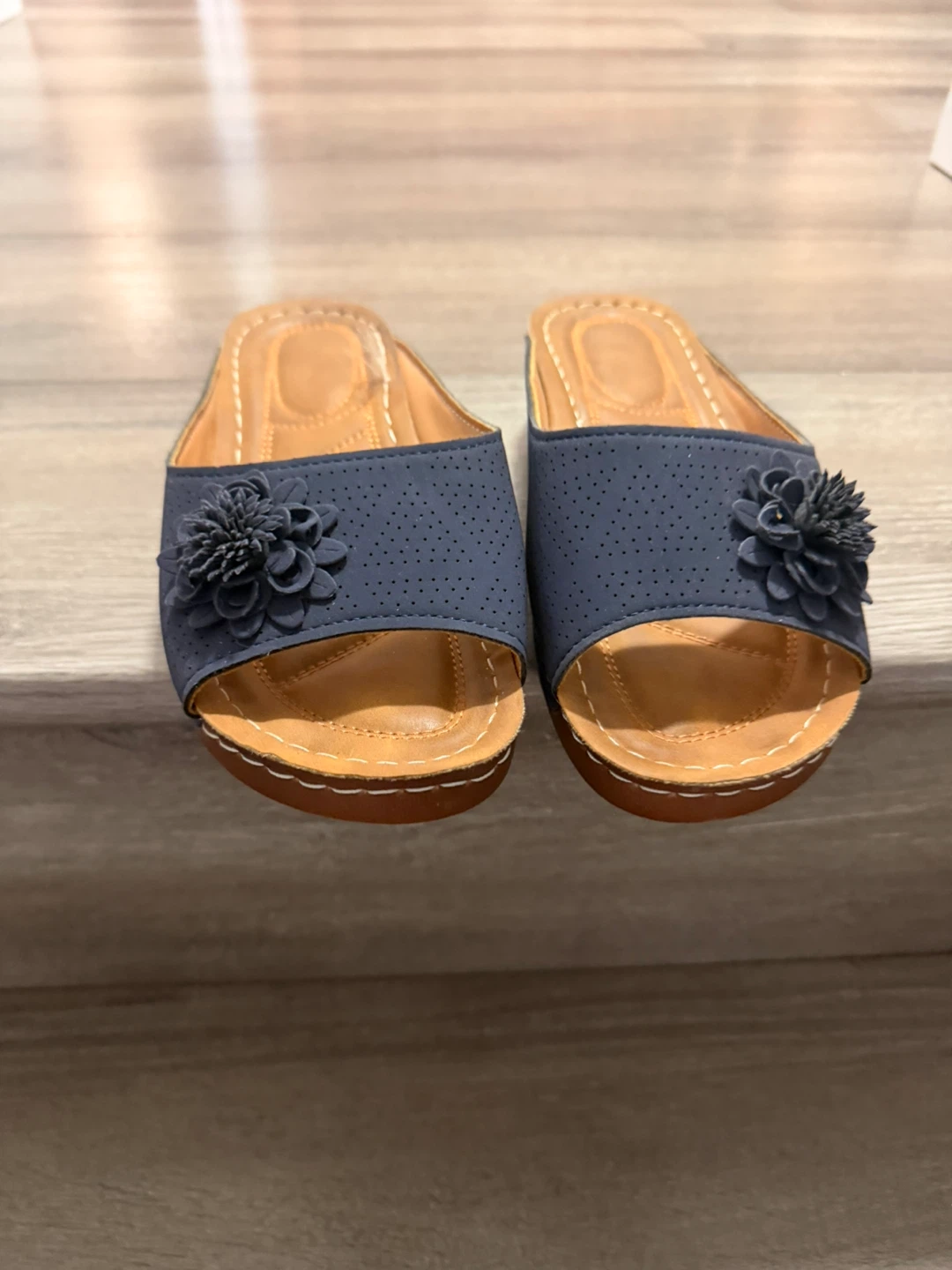 Navy Blue Slide Sandals with Flower Detail