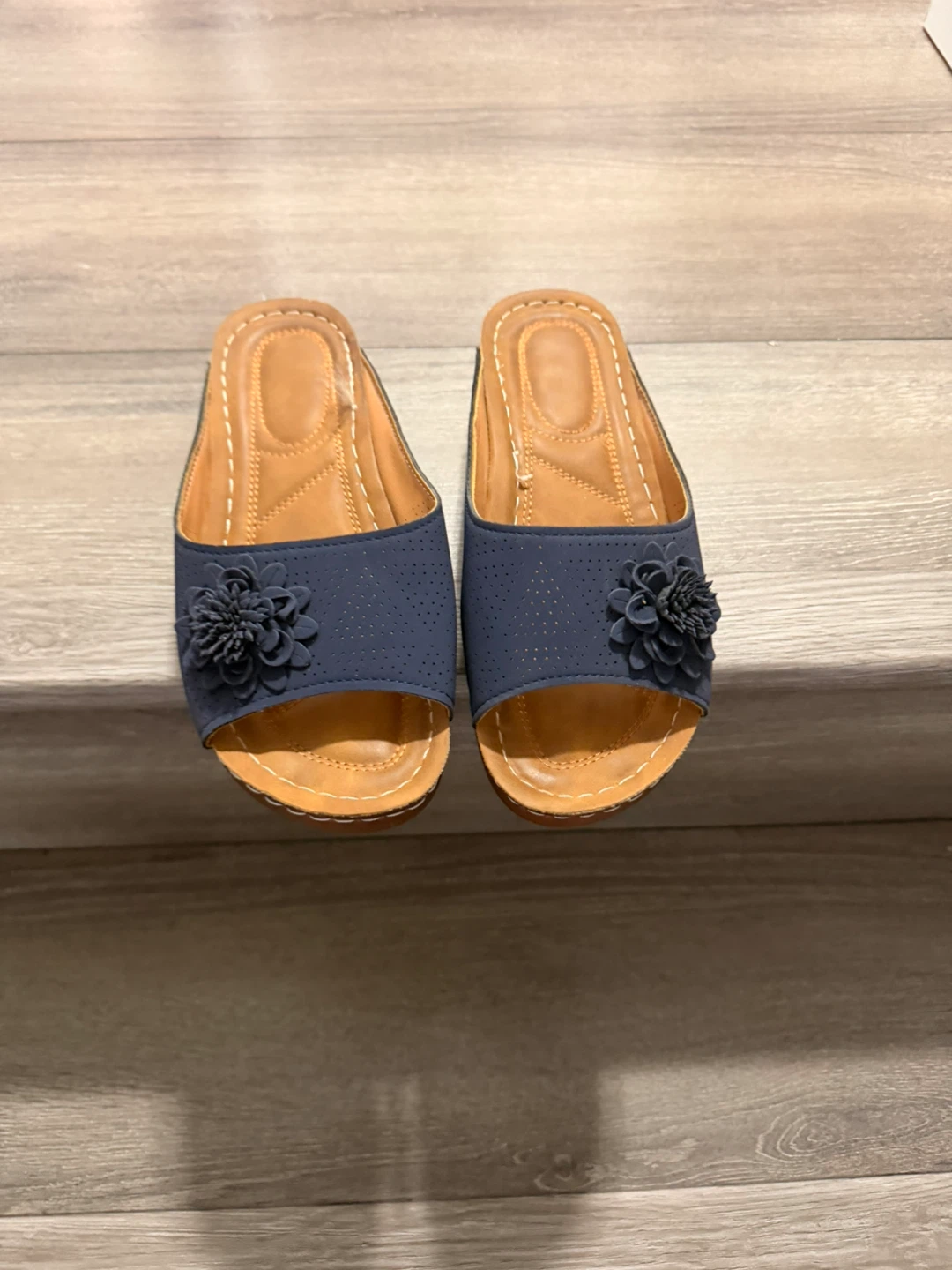 Navy Blue Slide Sandals with Flower Detail - photo 2