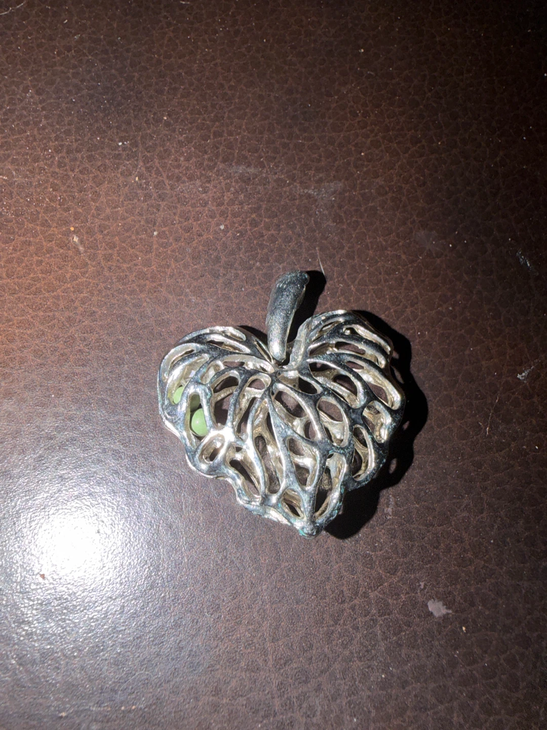 Silver Tone Apple Brooch with Green Stone