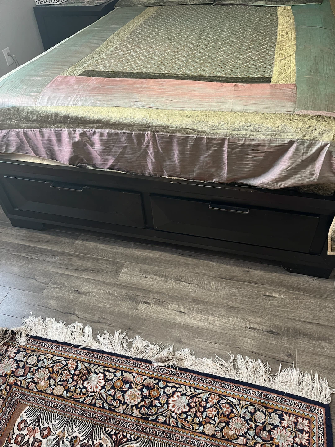 Dark wood queen storage bed frame with bookshelf headboard - photo 3