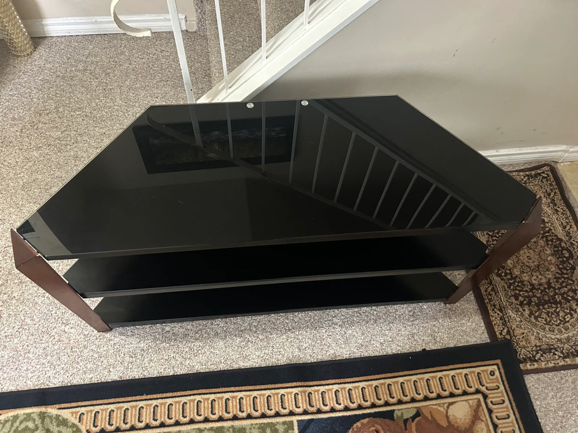 Black Glass TV Stand with Wood Accents